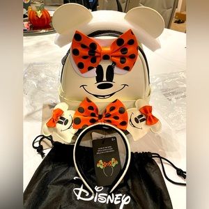 Loungefly Disney Ghost Minnie Mouse Glow In The Dark Backpack and Ears: NEW